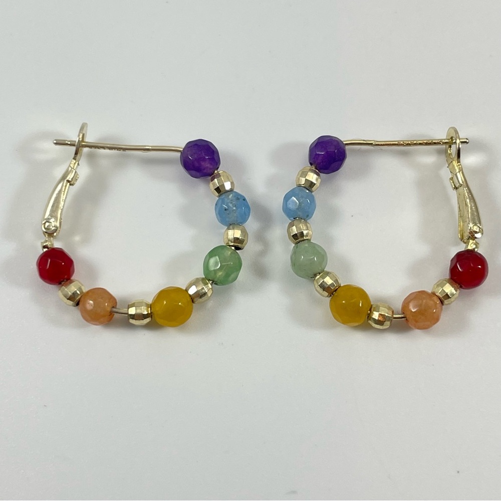 925 Sterling Silver Multicolor Jade Stone Bead Hoop Earrings Gold Tone Boho
